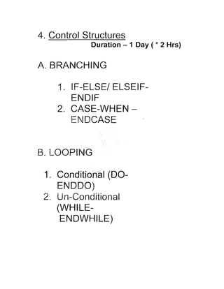 4. Control Structures
Duration - i Day ( * 2 Hrs)

A.BRANCHING

2. CASE-WHEN -

B. LOOPING

1. Conditional (DOENDDO)
2 . Un-Conditional
(WHILEENDWHILE)

 