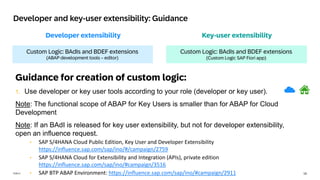 16
PUBLIC
Key-user extensibility
Developer extensibility
Developer and key-user extensibility: Guidance
UI adaptation project
(SAP Business Application Studio)
UI adaptation mode
(SAP Fiori Launchpad)
Custom Logic: BAdIs and BDEF extensions
(ABAP development tools – editor)
Custom Logic: BAdIs and BDEF extensions
(Custom Logic SAP Fiori app)
Guidance for creation of custom logic:
1. Use developer or key user tools according to your role (developer or key user).
Note: The functional scope of ABAP for Key Users is smaller than for ABAP for Cloud
Development
Note: If an BAdI is released for key user extensibility, but not for developer extensibility,
open an influence request.
• SAP S/4HANA Cloud Public Edition, Key User and Developer Extensibility
https://influence.sap.com/sap/ino/#/campaign/2759
• SAP S/4HANA Cloud for Extensibility and Integration (APIs), private edition
https://influence.sap.com/sap/ino/#campaign/3516
• SAP BTP ABAP Environment: https://influence.sap.com/sap/ino/#campaign/2911
 