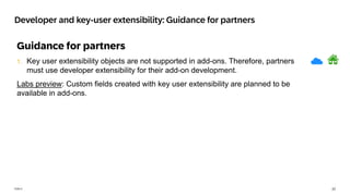 22
PUBLIC
Developer and key-user extensibility: Guidance for partners
Guidance for partners
1. Key user extensibility objects are not supported in add-ons. Therefore, partners
must use developer extensibility for their add-on development.
Labs preview: Custom fields created with key user extensibility are planned to be
available in add-ons.
 