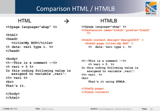 Comparison HTML / HTMLB <%@page language=“abap“ %> <html> <head> <title>My BSP</title> <% data: vari type i. %> </head> <body> <%--This is a comment --%> <% vari = 5 %> In this coding following value is assigend to variable „vari“:  <%= vari %> <br> That‘s it. </body> </html> <%@page language="abap" %> <%@extension name="htmlb" prefix="htmlb" %> <htmlb:content design="design2003" > <htmlb:page title=„My BSP" > <%  data: vari type i. %> <%--This is a comment --%> <% vari = 5. %> In this coding following value is  assigend to variable „vari“: <%= vari. %>  <br> That‘s it using HTMLB. </htmlb:page> </htmlb:content> HTML HTMLB  