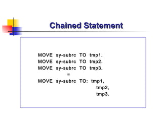 Chained Statement


MOVE sy-subrc TO tmp1.
MOVE sy-subrc TO tmp2.
MOVE sy-subrc TO tmp3.
         =
MOVE sy-subrc TO: tmp1,
                    tmp2,
                    tmp3.
 