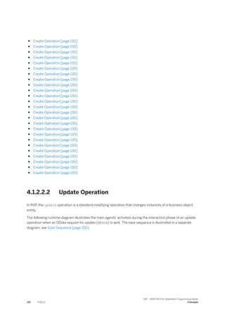 ● Create Operation [page 130]
● Create Operation [page 130]
● Create Operation [page 130]
● Create Operation [page 130]
● Create Operation [page 130]
● Create Operation [page 130]
● Create Operation [page 130]
● Create Operation [page 130]
● Create Operation [page 130]
● Create Operation [page 130]
● Create Operation [page 130]
● Create Operation [page 130]
● Create Operation [page 130]
● Create Operation [page 130]
● Create Operation [page 130]
● Create Operation [page 130]
● Create Operation [page 130]
● Create Operation [page 130]
● Create Operation [page 130]
● Create Operation [page 130]
● Create Operation [page 130]
● Create Operation [page 130]
● Create Operation [page 130]
● Create Operation [page 130]
● Create Operation [page 130]
4.1.2.2.2 Update Operation
In RAP, the update operation is a standard modifying operation that changes instances of a business object
entity.
The following runtime diagram illustrates the main agents' activities during the interaction phase of an update
operation when an OData request for update (MERGE) is sent. The save sequence is illustrated in a separate
diagram, see Save Sequence [page 150].
132 PUBLIC
SAP - ABAP RESTful Application Programming Model
Concepts
 