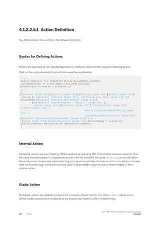 4.1.2.2.5.1 Action Definition
You define actions for an entity in the behavior definition.
Syntax for Defining Actions
Actions are specified as non-standard operations in behavior definitions by using the following syntax:
Click on the syntax elements to jump to the respective explanation.
...
define behavior for CDSEntity [alias AliasedEntityName]
implementation in class ABAP_ClASS_NAME [unique]
[authorization master ( instance )]
...
{
[internal [page 140]] [static [page 140]] [factory [page 141]][static [page 140]]
action [( features: instance [page 141], authorization: none [page 141] )]
ActionName [external 'ExternalActionName' [page 141]]
[parameter { InputParameter | $self) } [page 141] ]
result [page 142] [selective [page 142]] [cardinality] [page 142]
{ $self [page 142] |
entity OutputParameterEntity [page
142] |
OutputParameterStructure [page 143]
[external 'ExtResultStructureName' [page 143]] } ;
[draft [page 67]] determine action [page 143] [actionName] { validation
validationName; determination determinationName;}
}
Internal Action
By default, actions are executable by OData requests as well as by EML from another business object or from
the same business object. To only provide an action for the same BO, the option internal can be set before
the action name, for example, when executing internal status updates. An internal action can only be accessed
from the business logic inside the business object implementation such as from a determination or from
another action.
Static Action
By default, actions are related to instances of a business object’s entity. The option static allows you to
define a static action that is not bound to any instance but relates to the complete entity.
140 PUBLIC
SAP - ABAP RESTful Application Programming Model
Concepts
 