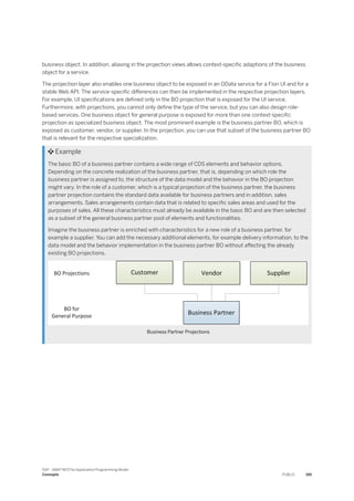 business object. In addition, aliasing in the projection views allows context-specific adaptions of the business
object for a service.
The projection layer also enables one business object to be exposed in an OData service for a Fiori UI and for a
stable Web API. The service-specific differences can then be implemented in the respective projection layers.
For example, UI specifications are defined only in the BO projection that is exposed for the UI service.
Furthermore, with projections, you cannot only define the type of the service, but you can also design role-
based services. One business object for general purpose is exposed for more than one context-specific
projection as specialized business object. The most prominent example is the business partner BO, which is
exposed as customer, vendor, or supplier. In the projection, you can use that subset of the business partner BO
that is relevant for the respective specialization.
 Example
The basic BO of a business partner contains a wide range of CDS elements and behavior options.
Depending on the concrete realization of the business partner, that is, depending on which role the
business partner is assigned to, the structure of the data model and the behavior in the BO projection
might vary. In the role of a customer, which is a typical projection of the business partner, the business
partner projection contains the standard data available for business partners and in addition, sales
arrangements. Sales arrangements contain data that is related to specific sales areas and used for the
purposes of sales. All these characteristics must already be available in the basic BO and are then selected
as a subset of the general business partner pool of elements and functionalities.
Imagine the business partner is enriched with characteristics for a new role of a business partner, for
example a supplier. You can add the necessary additional elements, for example delivery information, to the
data model and the behavior implementation in the business partner BO without affecting the already
existing BO projections.
Business Partner Projections
SAP - ABAP RESTful Application Programming Model
Concepts PUBLIC 195
 