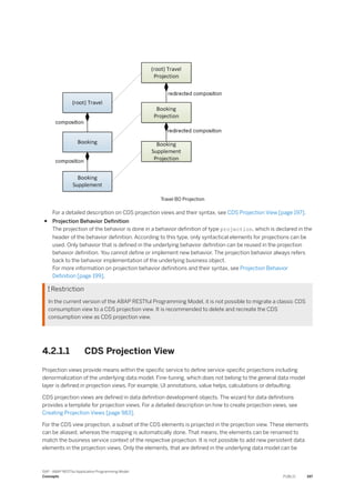 Travel BO Projection
For a detailed description on CDS projection views and their syntax, see CDS Projection View [page 197].
● Projection Behavior Definition
The projection of the behavior is done in a behavior definition of type projection, which is declared in the
header of the behavior definition. According to this type, only syntactical elements for projections can be
used. Only behavior that is defined in the underlying behavior definition can be reused in the projection
behavior definition. You cannot define or implement new behavior. The projection behavior always refers
back to the behavior implementation of the underlying business object.
For more information on projection behavior definitions and their syntax, see Projection Behavior
Definition [page 199].
 Restriction
In the current version of the ABAP RESTful Programming Model, it is not possible to migrate a classic CDS
consumption view to a CDS projection view. It is recommended to delete and recreate the CDS
consumption view as CDS projection view.
4.2.1.1 CDS Projection View
Projection views provide means within the specific service to define service-specific projections including
denormalization of the underlying data model. Fine-tuning, which does not belong to the general data model
layer is defined in projection views. For example, UI annotations, value helps, calculations or defaulting.
CDS projection views are defined in data definition development objects. The wizard for data definitions
provides a template for projection views. For a detailed description on how to create projection views, see
Creating Projection Views [page 983].
For the CDS view projection, a subset of the CDS elements is projected in the projection view. These elements
can be aliased, whereas the mapping is automatically done. That means, the elements can be renamed to
match the business service context of the respective projection. It is not possible to add new persistent data
elements in the projection views. Only the elements, that are defined in the underlying data model can be
SAP - ABAP RESTful Application Programming Model
Concepts PUBLIC 197
 