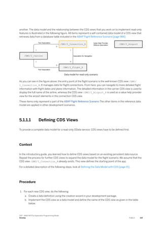 another. The data model and the relationship between the CDS views that you work on to implement read-only
features is illustrated in the following figure. All items represent a self-contained data model of a CDS view that
retrieves data from a database table included in the ABAP Flight Reference Scenario [page 984].
Data model for read-only scenario
As you can see in the figure above, the entry point of the flight scenario is the well-known CDS view /DMO/
I_Connection_R. It manages data for flight connections. From here, you can navigate to more detailed flight
information with flight dates and plane information. The detailed information in the carrier CDS view is used to
display the full name of the airline, whereas the CDS view /DMO/I_Airport_R is used as a value help provider
view for the airport elements in the connection CDS view.
These items only represent a part of the ABAP Flight Reference Scenario.The other items in the reference data
model are applied in other development scenarios.
5.1.1.1 Defining CDS Views
To provide a complete data model for a read-only OData service, CDS views have to be defined first.
Context
In the introductory guide, you learned how to define CDS views based on an existing persistent data source.
Repeat the process for further CDS views to expand the data model for the flight scenario. We assume that the
CDS view /DMO/I_Connection_R already exists. This view defines the starting point of the app.
For a detailed description of the following steps, look at Defining the Data Model with CDS [page 15].
Procedure
1. For each new CDS view, do the following:
a. Create a data definition using the creation wizard in your development package.
b. Implement the CDS view as a data model and define the name of the CDS view as given in the table
below.
SAP - ABAP RESTful Application Programming Model
Develop PUBLIC 219
 