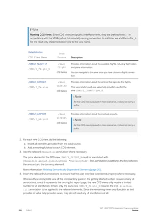  Note
Naming CDS views: Since CDS views are (public) interface views, they are prefixed with I_ in
accordance with the VDM (virtual data model) naming convention. In addition, we add the suffix _R
for the read-only implementation type to the view name.
Data Definition
CDS View Name
Data
Source Description
/DMO/I_FLIGHT_R
/DMO/I_Flight_R
/dmo/
flight
(DB table)
Provides information about the available flights including flight dates
and plane information.
You can navigate to this view once you have chosen a flight connec­
tion.
/DMO/I_CARRIER
/DMO/I_Carrier
/dmo/
carrier
(DB table)
Provides information about the airlines that operate the flights.
This view is later used as a value help provider view for the
view /DMO/I_CONNECTION_R.
 Note
As this CDS view is reused in more scenarios, it does not carry a
suffix.
/DMO/I_AIRPORT
/DMO/I_Airport
/dmo/
airport
(DB table)
Provides information about the involved airports.
 Note
As this CDS view is reused in more scenarios, it does not carry a
suffix.
2. For each new CDS view, do the following:
a. Insert all elements provided from the data source.
b. Add a meaningful alias to each CDS element.
3. Add the relevant @Semantics annotation where necessary.
The price element in the CDS view /DMO/I_FLIGHT_R must be annotated with
@Semantics.amount.currencyCode: 'CurrencyCode'. This annotation establishes the link between
the amount and the currency element.
More information: Relating Semantically Dependent Elements [page 20].
4. Insert the relevant UI annotations to ensure that the user interface is rendered properly where necessary.
Whereas the existing CDS view of the introductory guide in the getting started section requires many UI
annotations, since it represents the landing list report page, the new CDS views only require a limited
number of UI annotation. In fact, only the CDS view /DMO/I_Flight_R requires the @UI.lineItem:
[{}] annotation to be applied to the relevant elements. Since the remaining views only function as text
provider or value help provider views, they do not need any UI annotations at all.
220 PUBLIC
SAP - ABAP RESTful Application Programming Model
Develop
 