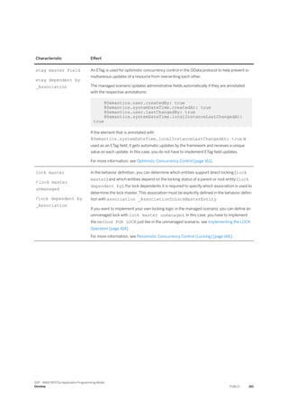 Characteristic Effect
etag master Field
etag dependent by
_Association
An ETag is used for optimistic concurrency control in the OData protocol to help prevent si­
multaneous updates of a resource from overwriting each other.
The managed scenario updates administrative fields automatically if they are annotated
with the respective annotations:
@Semantics.user.createdBy: true
@Semantics.systemDateTime.createdAt: true
@Semantics.user.lastChangedBy: true
@Semantics.systemDateTime.localInstanceLastChangedAt:
true
If the element that is annotated with
@Semantics.systemDateTime.localInstanceLastChangedAt: true is
used as an ETag field, it gets automatic updates by the framework and receives a unique
value on each update. In this case, you do not have to implement ETag field updates.
For more information, see Optimistic Concurrency Control [page 161].
lock master
/ lock master
unmanaged
/lock dependent by
_Association
In the behavior definition, you can determine which entities support direct locking (lock
master) and which entities depend on the locking status of a parent or root entity (lock
dependent by). For lock dependents it is required to specify which association is used to
determine the lock master. This association must be explicitly defined in the behavior defini-
tion with association _AssociationToLockMasterEntity.
If you want to implement your own locking logic in the managed scenario, you can define an
unmanaged lock with lock master unmanaged. In this case, you have to implement
the method FOR LOCK just like in the unmanaged scenario, see Implementing the LOCK
Operation [page 414].
For more information, see Pessimistic Concurrency Control (Locking) [page 166].
SAP - ABAP RESTful Application Programming Model
Develop PUBLIC 261
 