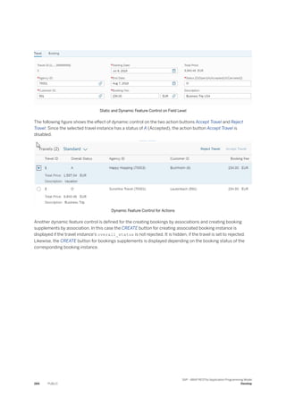 Static and Dynamic Feature Control on Field Level
The following figure shows the effect of dynamic control on the two action buttons Accept Travel and Reject
Travel: Since the selected travel instance has a status of A (Accepted), the action button Accept Travel is
disabled.
Dynamic Feature Control for Actions
Another dynamic feature control is defined for the creating bookings by associations and creating booking
supplements by association. In this case the CREATE button for creating associated booking instance is
displayed if the travel instance's overall_status is not rejected. It is hidden, if the travel is set to rejected.
Likewise, the CREATE button for bookings supplements is displayed depending on the booking status of the
corresponding booking instance.
284 PUBLIC
SAP - ABAP RESTful Application Programming Model
Develop
 