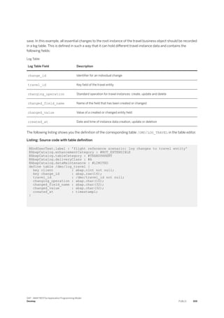 save. In this example, all essential changes to the root instance of the travel business object should be recorded
in a log table. This is defined in such a way that it can hold different travel instance data and contains the
following fields:
Log Table
Log Table Field Description
change_id Identifier for an individual change
travel_id Key field of the travel entity
changing_operation Standard operation for travel instances: create, update and delete
changed_field_name Name of the field that has been created or changed
changed_value Value of a created or changed entity field
created_at Date and time of instance data creation, update or deletion
The following listing shows you the definition of the corresponding table /DMO/LOG_TRAVEL in the table editor.
Listing: Source code with table definition
@EndUserText.label : 'flight reference scenario: log changes to travel entity'
@AbapCatalog.enhancementCategory : #NOT_EXTENSIBLE
@AbapCatalog.tableCategory : #TRANSPARENT
@AbapCatalog.deliveryClass : #A
@AbapCatalog.dataMaintenance : #LIMITED
define table /dmo/log_travel {
key client : abap.clnt not null;
key change_id : abap.raw(16);
travel_id : /dmo/travel_id not null;
changing_operation : abap.char(10);
changed_field_name : abap.char(32);
changed_value : abap.char(32);
created_at : timestampl;
}
SAP - ABAP RESTful Application Programming Model
Develop PUBLIC 309
 