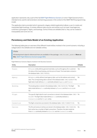 application represents only a part of the full ABAP Flight Reference Scenario (in short: Flight Scenario) that is
intended to be used for demonstration and learning purposes in the context of the ABAP RESTful programming
model.
The application demo provided (which represents a legacy stateful application) allows a user to create and
manipulate flight bookings. It involves different data sources and entities such as travel, travel agencies,
customers (passengers), flights, and bookings. Some of these are editable (that is, they can be created or
manipulated) and some are not.
Persistency and Data Model of an Existing Application
The following table gives an overview of the different travel entities involved in the current scenario, including a
categorization into editable and non-editable entities.
 Note
All development objects referenced here are available in the package /DMO/FLIGHT_LEGACY. More on
this: ABAP Flight Reference Scenario [page 984]
Flight Reference Scenario Objects Involved in the Business Scenario
Entity Description Editable
Travel A Travel entity defines general travel data, such as the agency ID or customer
ID, status of the travel booking, and the price of travel. The travel data is stored in
the database table /DMO/TRAVEL.
Yes
Agency An Agency entity defines travel agency data, such as the address and contact
data. The corresponding data is stored in the database table /DMO/AGENCY. The
flight data model defines a 1:n cardinality between Agency and Travel.
No
Booking The booking data is stored in the database table /DMO/BOOKING. The flight
data model defines a 1:n cardinality between a Travel and the Booking en­
tity.
Yes
Flight The specific flight data for each connection is stored in the database table /DMO/
FLIGHT. The flight data model defines a 1:n cardinality between a
Connection and the Flight entity.
No
Connection The flight connections are stored in the database table /DMO/CONNECTION. No
Carrier The IDs and names of airlines are stored in the database table /DMO/CARRIER.
Each airline has a number of flight connections. Therefore, the data model de­
fines a 1:n cardinality between a Carrier and the Connection entity.
No
SAP - ABAP RESTful Application Programming Model
Develop PUBLIC 351
 