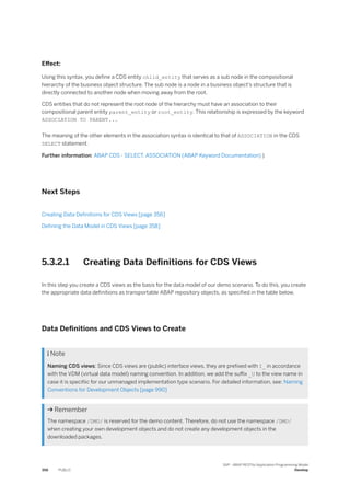 Effect:
Using this syntax, you define a CDS entity child_entity that serves as a sub node in the compositional
hierarchy of the business object structure. The sub node is a node in a business object's structure that is
directly connected to another node when moving away from the root.
CDS entities that do not represent the root node of the hierarchy must have an association to their
compositional parent entity parent_entity or root_entity. This relationship is expressed by the keyword
ASSOCIATION TO PARENT...
The meaning of the other elements in the association syntax is identical to that of ASSOCIATION in the CDS
SELECT statement.
Further information: ABAP CDS - SELECT, ASSOCIATION (ABAP Keyword Documentation) )
Next Steps
Creating Data Definitions for CDS Views [page 356]
Defining the Data Model in CDS Views [page 358]
5.3.2.1 Creating Data Definitions for CDS Views
In this step you create a CDS views as the basis for the data model of our demo scenario. To do this, you create
the appropriate data definitions as transportable ABAP repository objects, as specified in the table below.
Data Definitions and CDS Views to Create
 Note
Naming CDS views: Since CDS views are (public) interface views, they are prefixed with I_ in accordance
with the VDM (virtual data model) naming convention. In addition, we add the suffix _U to the view name in
case it is specifiic for our unmanaged implementation type scenario. For detailed information, see: Naming
Conventions for Development Objects [page 990]
 Remember
The namespace /DMO/ is reserved for the demo content. Therefore, do not use the namespace /DMO/
when creating your own development objects and do not create any development objects in the
downloaded packages.
356 PUBLIC
SAP - ABAP RESTful Application Programming Model
Develop
 
