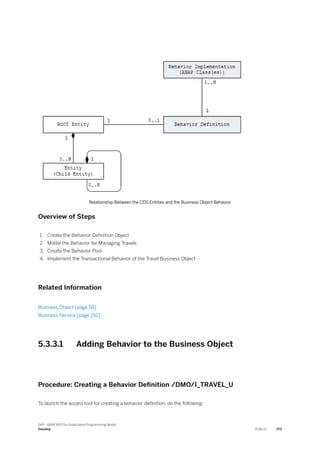 Relationship Between the CDS Entities and the Business Object Behavior
Overview of Steps
1. Create the Behavior Definition Object
2. Model the Behavior for Managing Travels
3. Create the Behavior Pool
4. Implement the Transactional Behavior of the Travel Business Object
Related Information
Business Object [page 54]
Business Service [page 192]
5.3.3.1 Adding Behavior to the Business Object
Procedure: Creating a Behavior Definition /DMO/I_TRAVEL_U
To launch the wizard tool for creating a behavior definition, do the following:
SAP - ABAP RESTful Application Programming Model
Develop PUBLIC 373
 
