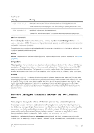 Field Properties
Property Meaning
field (read only) Defines that the specified fields must not be created or updated by the consumer.
The BO runtime rejects modifying requests when creating or updating the specified fields.
field (mandatory) Defines that the specified fields are mandatory.
The specified fields must be filled by the consumer when executing modifying requests.
Standard Operations:
An important part of the transactional behavior of a business object are the standard operations create,
update and delete (CUD). Whenever an entity can be created, updated, or deleted, these operations must be
declared in the behavior definition.
To only implement an operation without exposing it to consumers, the option internal can be set before the
operation, for example internal update.
Actions
Actions can be specified as non-standard operations in behavior definitions. For more information, seeActions
[page 138].
Compositions
All compositions that form the business object’s structure must also be declared in the behavior definition as
associations. An abbreviation AbbreviationName needs to be defined if the composition name in the CDS
view is longer than 11 characters. The keyword {create;} is used to declare that the association is create-
enabled, which means that instances of the associated entity can be created by the source of the association .
Mapping
The keyword mapping for defines the mapping contract between database table fields and CDS view fields.
This mapping contract solves the discrepancy between the names of database table fields and CDS view fields
to facilitate writing records to the database table at runtime. Especially database tables that originate in the
legacy application might contain quite short or cryptic field names. With the mapping specification in the
behavior definition you can choose the names in the CDS data model independently from the names in the
database tables.
Procedure: Defining the Transactional Behavior of the TRAVEL Business
Object
As a quick glance shows you, the behavior definition looks quite easy in our case (see listing below).
It consists of a header information and two definitions for entity behavior: one for the root entity and one for
the child entity – corresponding to the composition tree of the business object. Note that for each entity of the
composition tree, the transactional behavior can be defined in the behavior definition at most once. All
supported transactional operations of a concrete business object’s node must be specified in the same
behavior definition (that is introduced by the keyword DEFINE BEHAVIOR FOR ... ).
As expected, the header specifies the unmanaged implementation type of our business object’s contract
provider since we are going to integrate the legacy business logic in the new app. For this implementation type,
SAP - ABAP RESTful Application Programming Model
Develop PUBLIC 377
 