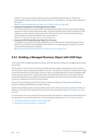 protocol. This UI service remains stable even when you add draft capabilities later on. Whereas the
underlying BO changes, the BO projection filters only the non-draft features. The steps will be explained in
this section.
See Exposing the Managed Business Object for a UI Business Service [page 504].
4. Adding Draft Capabilities to the Managed Business Object
This section explains how you draft-enable the existing business object. On the one hand, draft-enabling
requires the revision of all existing business logic. Sometimes the BO provider needs to distinguish if draft
instances or active instances are processed. On the other hand, there are some draft features that you
need to implement to add draft qualities to the business service.
See Draft-Enabling the Managed Business Object [page 515].
5. Exposing the Draft-Enabled Business Object for a UI service
To enable the consumption of the draft-enabled BO via a Fiori Elements UI, the projection layer must be
defined. It reuses all the draft capabilities that are defined in the underlying layer. In addition, the service
must be defined and bound to a protocol.
See Exposing the Draft Business Object for a UI Business Service [page 523].
5.4.1 Building a Managed Business Object with UUID Keys
The first part of the managed development scenario with draft describes setting up a managed business object
from scratch.
The assumption in this scenario is that you do not have any data or legacy coding that you want to include in
the new business object. Everything is created from scratch. Therefore, the first step is to create database table
to store the data that the business object consumes. We use a simplified approach to have one database table
for each business object entity. In real-world scenario, this might rarely be the case, but this demo scenario
mainly demonstrates how you handle the transactional behavior with draft for the business object and does
not focus on database structures for business objects.
The key structure of the data model in this scenario is based on UUID keys. That means, every BO entity
instance is uniquely identifiable by one single unique key.
Based on these database tables, the data model and structure for the business object is defined via CDS view
entities. For more information about the basic structure of a business object, see Data Modeling and Behavior
[page 45].
In a second step, the second component of a business object, the behavior, is defined and implemented for the
business object. For more information about, the business object behavior, see Business Object [page 54]
1. Data Model and Business Object Structure [page 453]
2. Developing Transactional Behavior [page 462]
452 PUBLIC
SAP - ABAP RESTful Application Programming Model
Develop
 