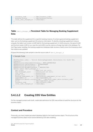 currency_code : /dmo/currency_code;
booking_status : /dmo/booking_status;
local_last_changed_at : timestampl;
}
Table /dmo/a_bksuppl_d: Persistent Table for Managing Booking Supplement
Data
This table defines the supplement for a specific booking instance. It contains general booking supplement
data, such as the booking supplement ID and price information. To identify a booking supplement instance
uniquely, the table must contain a UUID field for the booking supplement. In UUID scenarios, the parent UUID
and the lock master UUID (in our case the root UUID) must be used as a foreign-key field in the database. For
the ETag master handling, the booking supplement database table receives a field to store the timestamp when
the instance was updated.
 Expand the following code sample to view the source code of /dmo/a_bksuppl_d.
 Sample Code
@EndUserText.label : 'Active BookingSupplement Persistence for Draft Ref.
Scenario'
@AbapCatalog.enhancementCategory : #NOT_EXTENSIBLE
@AbapCatalog.tableCategory : #TRANSPARENT
@AbapCatalog.deliveryClass : #A
@AbapCatalog.dataMaintenance : #RESTRICTED
define table /dmo/a_bksuppl_d {
key client : abap.clnt not null;
key booksuppl_uuid : sysuuid_x16 not null;
root_uuid : sysuuid_x16;
parent_uuid : sysuuid_x16;
booking_supplement_id : /dmo/booking_supplement_id not null;
supplement_id : /dmo/supplement_id;
@Semantics.amount.currencyCode : '/dmo/book_suppl_data.currency_code'
price : /dmo/supplement_price;
currency_code : /dmo/currency_code;
local_last_changed_at : timestampl;
}
5.4.1.1.2 Creating CDS View Entities
For the managed scenario with draft, create data definitions for CDS view entities to build the structure for the
business object.
Context and Procedure
Previously, you have created persistent database table for the travel business object. The structure of the
managed business object must now be defined by CDS data modeling.
SAP - ABAP RESTful Application Programming Model
Develop PUBLIC 457
 