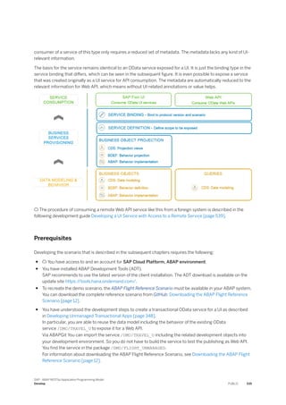 consumer of a service of this type only requires a reduced set of metadata. The metadata lacks any kind of UI-
relevant information.
The basis for the service remains identical to an OData service exposed for a UI. It is just the binding type in the
service binding that differs, which can be seen in the subsequent figure. It is even possible to expose a service
that was created originally as a UI service for API consumption. The metadata are automatically reduced to the
relevant information for Web API, which means without UI-related annotations or value helps.
 The procedure of consuming a remote Web API service like this from a foreign system is described in the
following development guide Developing a UI Service with Access to a Remote Service [page 539].
Prerequisites
Developing the scenario that is described in the subsequent chapters requires the following:
●  You have access to and an account for SAP Cloud Platform, ABAP environment.
● You have installed ABAP Development Tools (ADT).
SAP recommends to use the latest version of the client installation. The ADT download is available on the
update site https:/
/tools.hana.ondemand.com/.
● To recreate the demo scenario, the ABAP Flight Reference Scenario must be available in your ABAP system.
You can download the complete reference scenario from GitHub: Downloading the ABAP Flight Reference
Scenario [page 12].
● You have understood the development steps to create a transactional OData service for a UI as described
in Developing Unmanaged Transactional Apps [page 348].
In particular, you are able to reuse the data model including the behavior of the existing OData
service /DMO/TRAVEL_U to expose it for a Web API.
Via ABAPGit You can import the service /DMO/TRAVEL_U including the related development objects into
your development environment. So you do not have to build the service to test the publishing as Web API.
You find the service in the package /DMO/FLIGHT_UNMANAGED.
For information about downloading the ABAP Flight Reference Scenario, see Downloading the ABAP Flight
Reference Scenario [page 12].
SAP - ABAP RESTful Application Programming Model
Develop PUBLIC 535
 
