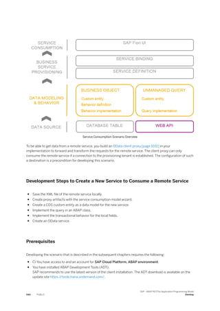 Service Consumption Scenario Overview
To be able to get data from a remote service, you build an OData client proxy [page 1031] in your
implementation to forward and transform the requests for the remote service. The client proxy can only
consume the remote service if a connection to the provisioning tenant is established. The configuration of such
a destination is a precondition for developing this scenario.
Development Steps to Create a New Service to Consume a Remote Service
● Save the XML file of the remote service locally.
● Create proxy artifacts with the service consumption model wizard.
● Create a CDS custom entity as a data model for the new service.
● Implement the query in an ABAP class.
● Implement the transactional behavior for the local fields.
● Create an OData service.
Prerequisites
Developing the scenario that is described in the subsequent chapters requires the following:
●  You have access to and an account for SAP Cloud Platform, ABAP environment.
● You have installed ABAP Development Tools (ADT).
SAP recommends to use the latest version of the client installation. The ADT download is available on the
update site https:/
/tools.hana.ondemand.com/.
540 PUBLIC
SAP - ABAP RESTful Application Programming Model
Develop
 