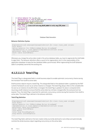 Database Table Generation
Behavior Definition Syntax
[implementation] unmanaged|managed|abstract [in class class_name unique;
with draft;
define behavior for CDSEntityName [alias AliasName]
implementation in class BehaviorImplementationClass unique
persistent table ActiveDBTable
draft table DraftDBTable
...
Whenever you change the active data model in the active database table, you have to regenerate the draft table
to align them. The behavior definition offers a quick fix for regeneration, but it is the responsibility of the
application developer to keep the two database tables synchronized. When regenerating the draft database
table it completely overwrites the existing one.
4.1.2.1.1.1.3 Total ETag
The total ETag is a designated field in a draft business object to enable optimistic concurrency checks during
the transition from draft to active data.
Draft business objects require a total ETag. This designated field on the database table is updated by the RAP
runtime framework as soon as an active instance is changed. The total ETag always refers to the complete BO.
As soon as an instance of any BO entity is changed, the total ETag is updated. Its value is compared when
resuming a draft instance to ensure that the active data has not been changed after the exclusive lock has
expired. Thus, the total ETag is important for optimistic concurrency control during the transition from draft to
active data. The total ETag is defined in the behavior definition.
Total ETag Definition
[implementation] unmanaged|managed|abstract [in class class_name unique];
with draft;
define behavior for CDSEntityName [alias AliasName]
implementation in class BehaviorImplementationClass unique
persistent table ActiveDBTable
draft table DraftDBTable
lock master
total etag TotalETagField
etag master LocalETagField
...
The total ETag field is defined on the lock master entity (currently identical to root entity) and optimistically
controls the whole business object regarding concurrency on the active data.
66 PUBLIC
SAP - ABAP RESTful Application Programming Model
Concepts
 