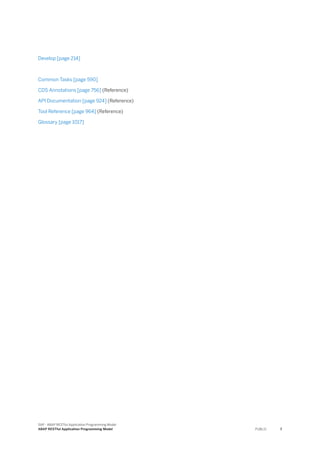 Develop [page 214]
Common Tasks [page 590]
CDS Annotations [page 756] (Reference)
API Documentation [page 924] (Reference)
Tool Reference [page 964] (Reference)
Glossary [page 1017]
SAP - ABAP RESTful Application Programming Model
ABAP RESTful Application Programming Model PUBLIC 7
 