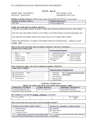 ST. LAWRENCE COLLEGE: BEHAVIOURAL PSYCHOLOGY 9
FACTS - Part B
Student/ Grade: Jake Matthews Date:October 5, 2016
Interviewer: Jenna Surette Respondent(s): Ms. Lewis
Routine/Activities/Context: Which routine (only one) from the FACTS-Part A is assessed?
Routine/Activities/Context Problem Behavior(s)
Play time Physical Aggression
Provide more detail about the problem behavior(s):
What does the problem behavior look like? Pushes peers and takes preferred toys from other students.
How often does the problem behavior occur? Daily, several times during social interactions/play time.
How long does the problem behavior last when it does occur? Usually under a minute.
What is the intensity/level of danger of the problem behavior? Overall intensity = moderate, overall
danger = high
What are the events that predict when the problem behavior(s) will occur? (Predictors)
Related Issues (setting events)
Environmental Features
___ illness Other:_________________
___ drug use ______________________
___ negative social ______________________
___ conflict at home ______________________
___ academic failure ______________________
___ reprimand/correction ___ structured activity
___ physical demands X unstructured time
___ socially isolated ___ tasks too boring
X with peers ___ activity too long
___ Other ___ tasks too difficult
__________________
What consequences appear most likely to maintain the problem behavior(s)?
Things that are Obtained
Things Avoidedor Escaped From
X adult attention Other: ________________
X peer attention ______________________
X preferred activity ______________________
___ money/things ______________________
___ hard tasks Other: avoid and escape interaction
___ reprimands with his peers
___ peer negatives
___ physical effort
___ adult attention
SUMMARY OF BEHAVIOR
Identify the summary that will be used to build a plan of behavior support.
Setting Events & Predictors Problem Behavior(s) Maintaining Consequence(s)
Unstructured play time with
interaction of other classmates
Physical Aggression Adult and peer attention
Escape from social interactions
How confident are you that the Summary of Behavior is accurate?
Not very confident Very Confident
1 2 3 4 5 6X
What current efforts have been used to control the problem behavior?
Strategies for preventing problem behavior Strategies for responding to problem behavior
___ schedule change
___ seating change
___ curriculum change
Other: teacher removes Jake from other students, takes
away toys that are being fought over, and she also gives
X reprimand
X office referral
___ detention
Other: a note was sent home to notify Jake’s parents of
his behaviour.
 