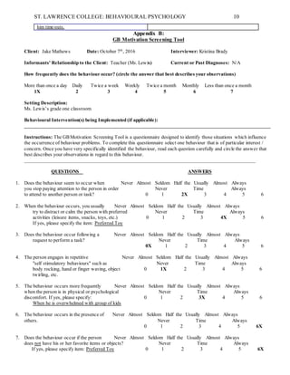 ST. LAWRENCE COLLEGE: BEHAVIOURAL PSYCHOLOGY 10
him time-outs.
Appendix B:
GB Motivation Screening Tool
Client: Jake Mathews Date: October 7th
, 2016 Interviewer: Kristina Brady
Informants' Relationship to the Client: Teacher (Ms. Lewis) Current or Past Diagnoses: N/A
How frequently does the behaviour occur? (circle the answer that best describes your observations)
More than once a day Daily Twice a week Weekly Twice a month Monthly Less than once a month
1X 2 3 4 5 6 7
Setting Description:
Ms. Lewis’s grade one classroom
Behavioural Intervention(s) being Implemented (if applicable):
___________________________________________________________________________________________________
Instructions: The GBMotivation Screening Tool is a questionnaire designed to identify those situations which influence
the occurrence of behaviour problems. To complete this questionnaire select one behaviour that is of particular interest /
concern. Once you have very specifically identified the behaviour, read each question carefully and circle the answer that
best describes your observations in regard to this behaviour.
_____________________________________________________________________________________________
QUESTIONS ANSWERS
1. Does the behaviour seem to occur when Never Almost Seldom Half the Usually Almost Always
you stop paying attention to the person in order Never Time Always
to attend to another person or task? 0 1 2X 3 4 5 6
2. When the behaviour occurs, you usually Never Almost Seldom Half the Usually Almost Always
try to distract or calm the person with preferred Never Time Always
activities (leisure items, snacks, toys, etc.) 0 1 2 3 4X 5 6
If yes, please specify the item: Preferred Toy
3. Does the behaviour occur following a Never Almost Seldom Half the Usually Almost Always
request to perform a task? Never Time Always
0X 1 2 3 4 5 6
4. The person engages in repetitive Never Almost Seldom Half the Usually Almost Always
"self stimulatory behaviours" such as Never Time Always
body rocking, hand or finger waving, object 0 1X 2 3 4 5 6
twirling, etc.
5. The behaviour occurs more frequently Never Almost Seldom Half the Usually Almost Always
when the person is in physical or psychological Never Time Always
discomfort. If yes, please specify: 0 1 2 3X 4 5 6
When he is overwhelmed with group of kids
6. The behaviour occurs in the presence of Never Almost Seldom Half the Usually Almost Always
others. Never Time Always
0 1 2 3 4 5 6X
7. Does the behaviour occur if the person Never Almost Seldom Half the Usually Almost Always
does not have his or her favorite items or objects? Never Time Always
If yes, please specify item: Preferred Toy 0 1 2 3 4 5 6X
 