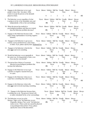 ST. LAWRENCE COLLEGE: BEHAVIOURAL PSYCHOLOGY 11
8. Engages in the behaviour to try to get Never Almost Seldom Half the Usually Almost Always
people to leave him / her alone. (S)he Never Time Always
wants to escape the person or the demands
placed on them. 0 1 2 3 4 5 6X
9. The behaviour occurs regardless of what Never Almost Seldom Half the Usually Almost Always
is going on in his or her immediate area, and Never Time Always
independently of his or her surroundings. 0X 1 2 3 4 5 6
10. When the person has medical or Never Almost Seldom Half the Usually Almost Always
psychological problems and these are treated, Never Time Always
does the behaviour problem decrease? 0X 1 2 3 4 5 6
11. Engages in the behaviour because (s)he Never Almost Seldom Half the Usually Almost Always
enjoys being reprimanded or receiving negative Never Time Always
attention. 0 1 2X 3 4 5 6
12. Engages in the behaviour to get access Never Almost Seldom Half the Usually Almost Always
to items such as preferred toys, food, items, Never Time Always
or drink. If yes, please specify item: Preferred Toy 0 1 2 3 4 5 6X
13. Engages in the behaviour when he/she Never Almost Seldom Half the Usually Almost Always
does not want to do something. Never Time Always
0 1X 2 3 4 5 6
14. Would the behaviour occur repeatedly in Never Almost Seldom Half the Usually Almost Always
the same way, for long periods of time, even Never Time Always
if no one else was around? 0X 1 2 3 4 5 6
15. The person has a history of recurrent Never Almost Seldom Half the Usually Almost Always
physical or psychological problems that Never Time Always
increase this behaviour. 0X 1 2 3 4 5 6
16. Engages in the behaviour to try to get Never Almost Seldom Half the Usually Almost Always
a positive or negative reaction from you Never Time Always
or a peer. 0 1 2 3X 4 5 6
17. Engages in the behaviour when you or Never Almost Seldom Half the Usually Almost Always
a peer have something that (s)he wants. Never Time Always
0 1 2 3 4 5 6X
18. Engages in the behaviour when (s)he Never Almost Seldom Half the Usually Almost Always
does not want to do or stop doing something. Never Time Always
0 1 2 3X 4 5 6
19. Engages in the behaviour because there Never Almost Seldom Half the Usually Almost Always
is nothing else to do. The person is bored with Never Time Always
or under-stimulated by his or her surroundings. 0 1 2X 3 4 5 6
20. The behaviour occurs in cycles. Never Almost Seldom Half the Usually Almost Always
During a "high cycle," the behaviour occurs Never Time Always
frequently; during a "low cycle,” the behaviour 0X 1 2 3 4 5 6
rarely occurs. These cycles are caused by physical
or psychological discomfort. If true, please
specify the source of the discomfort:
 