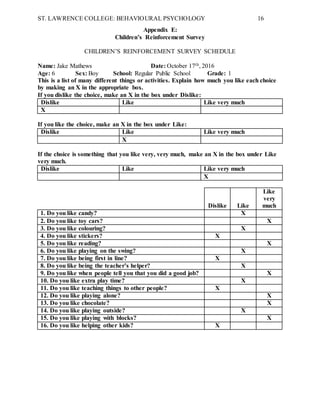 ST. LAWRENCE COLLEGE: BEHAVIOURAL PSYCHOLOGY 16
Appendix E:
Children’s Reinforcement Survey
CHILDREN’S REINFORCEMENT SURVEY SCHEDULE
Name: Jake Mathews Date: October 17th, 2016
Age: 6 Sex: Boy School: Regular Public School Grade: 1
This is a list of many different things or activities. Explain how much you like each choice
by making an X in the appropriate box.
If you dislike the choice, make an X in the box under Dislike:
Dislike Like Like very much
X
If you like the choice, make an X in the box under Like:
Dislike Like Like very much
X
If the choice is something that you like very, very much, make an X in the box under Like
very much.
Dislike Like Like very much
X
Dislike Like
Like
very
much
1. Do you like candy? X
2. Do you like toy cars? X
3. Do you like colouring? X
4. Do you like stickers? X
5. Do you like reading? X
6. Do you like playing on the swing? X
7. Do you like being first in line? X
8. Do you like being the teacher’s helper? X
9. Do you like when people tell you that you did a good job? X
10. Do you like extra play time? X
11. Do you like teaching things to other people? X
12. Do you like playing alone? X
13. Do you like chocolate? X
14. Do you like playing outside? X
15. Do you like playing with blocks? X
16. Do you like helping other kids? X
 
