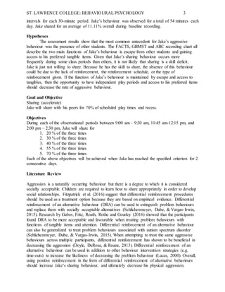 ST. LAWRENCE COLLEGE: BEHAVIOURAL PSYCHOLOGY 3
intervals for each 30-minute period. Jake’s behaviour was observed for a total of 54 minutes each
day. Jake shared for an average of 11.11% overall during baseline recording.
Hypotheses
The assessment results show that the most common antecedent for Jake’s aggressive
behaviour was the presence of other students. The FACTS, GBMST and ABC recording chart all
describe the two main functions of Jake’s behaviour is escape from other students and gaining
access to his preferred tangible items. Given that Jake’s sharing behaviour occurs more
frequently during some class periods than others, it is not likely that sharing is a skill deficit;
Jake is just not willing to share. Because he has the skill to share, the absence of this behaviour
could be due to the lack of reinforcement, the reinforcement schedule, or the type of
reinforcement given. If the function of Jake’s behaviour is maintained by escape and access to
tangibles, then the opportunity to have independent play periods and access to his preferred items
should decrease the rate of aggressive behaviour.
Goal and Objective
Sharing (accelerate)
Jake will share with his peers for 70% of scheduled play times and recess.
Objectives
During each of the observational periods between 9:00 am – 9:30 am, 11:45 am-12:15 pm, and
2:00 pm – 2:30 pm, Jake will share for
1. 20 % of the three times
2. 30 % of the three times
3. 40 % of the three times
4. 55 % of the three times
5. 70 % of the three times
Each of the above objectives will be achieved when Jake has reached the specified criterion for 2
consecutive days.
Literature Review
Aggression is a naturally occurring behaviour but there is a degree to which it is considered
socially acceptable. Children are required to learn how to share appropriately in order to develop
social relationships. Fitzpatrick et al. (2016) suggest that differential reinforcement procedures
should be used as a treatment option because they are based on empirical evidence. Differential
reinforcement of an alternative behaviour (DRA) can be used to extinguish problem behaviours
and replace them with socially acceptable alternatives (Schlichenmeyer, Dube, & Vargas-Irwin,
2015). Research by Gabor, Fritz, Roath, Rothe and Gourley (2016) showed that the participants
found DRA to be more acceptable and favourable when treating problem behaviours with
functions of tangible items and attention. Differential reinforcement of an alternative behaviour
can also be generalized to treat problem behaviours associated with autism spectrum disorder
(Schlichenmeyer, Dube, & Vargas-Irwin, 2015). When attempting to treat the same aggressive
behaviours across multiple participants, differential reinforcement has shown to be beneficial in
decreasing the aggression (Doyle, DeRosa, & Roane, 2013). Differential reinforcement of an
alternative behaviour can be used in addition to other behaviour intervention strategies (e.g.
time-outs) to increase the likeliness of decreasing the problem behaviour (Lucas, 2000). Overall,
using positive reinforcement in the form of differential reinforcement of alternative behaviours
should increase Jake’s sharing behaviour, and ultimately decrease his physical aggression.
 