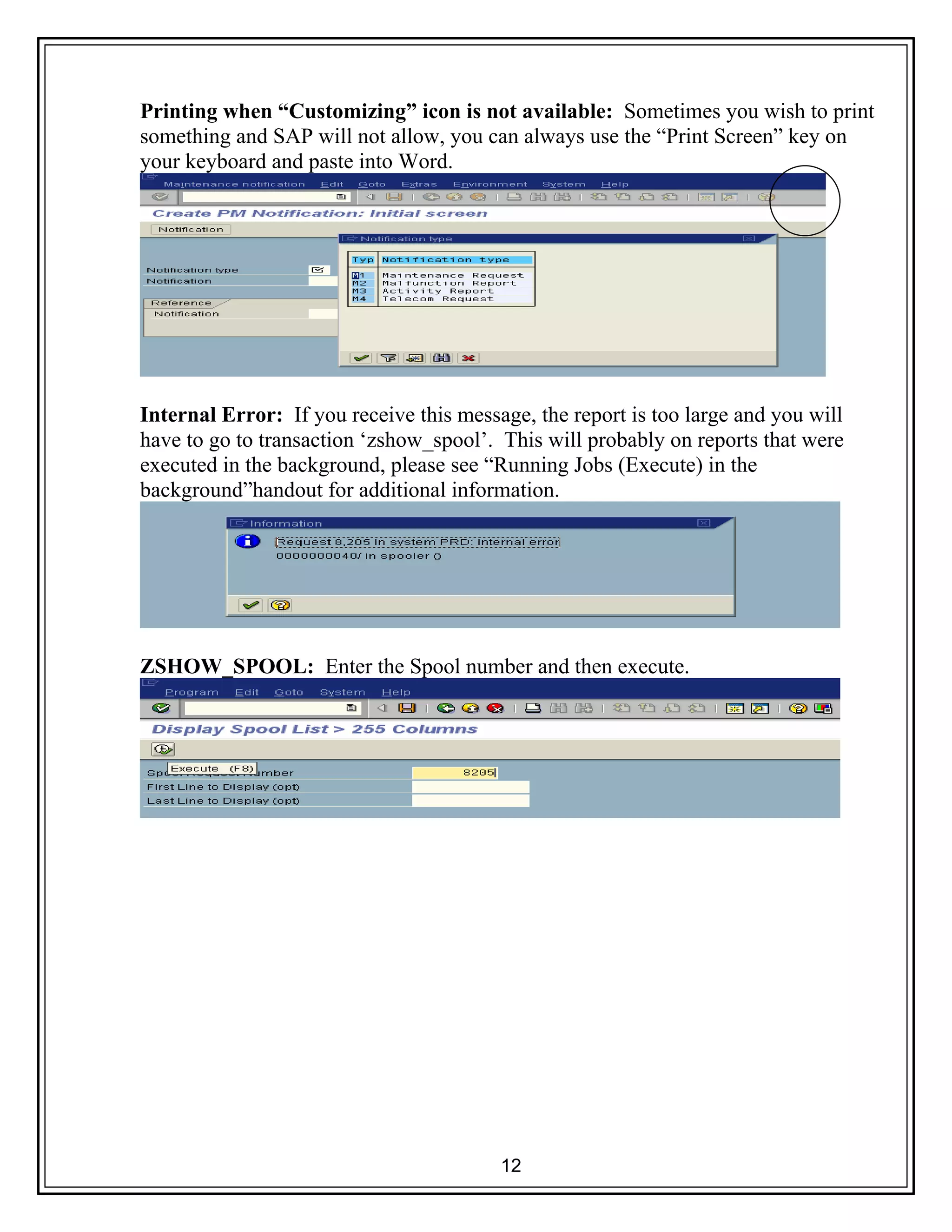 12
Printing when “Customizing” icon is not available: Sometimes you wish to print
something and SAP will not allow, you can always use the “Print Screen” key on
your keyboard and paste into Word.
Internal Error: If you receive this message, the report is too large and you will
have to go to transaction ‘zshow_spool’. This will probably on reports that were
executed in the background, please see “Running Jobs (Execute) in the
background”handout for additional information.
ZSHOW_SPOOL: Enter the Spool number and then execute.
 