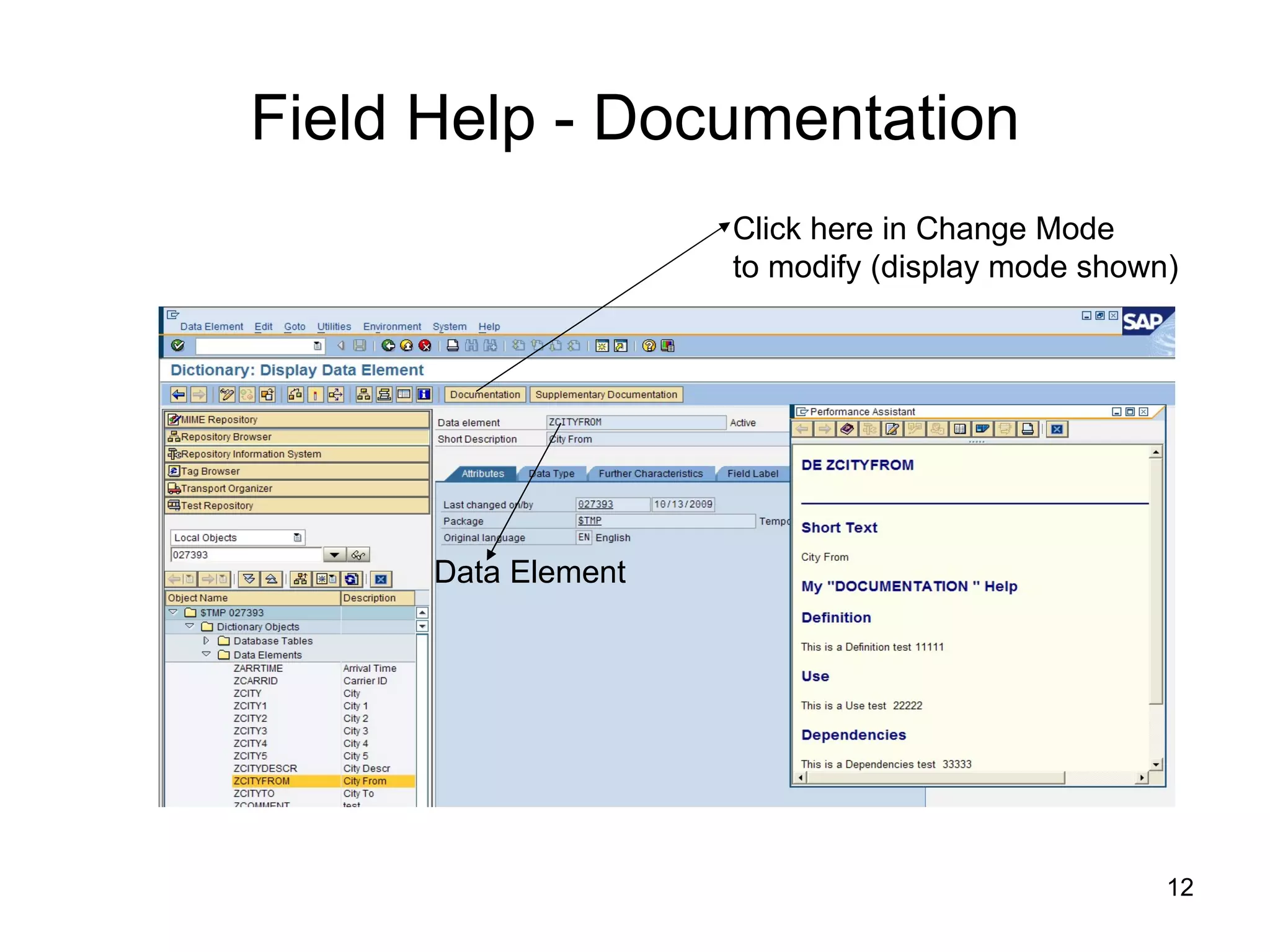 Field Help - Documentation Click here in Change Mode  to modify (display mode shown) Data Element 