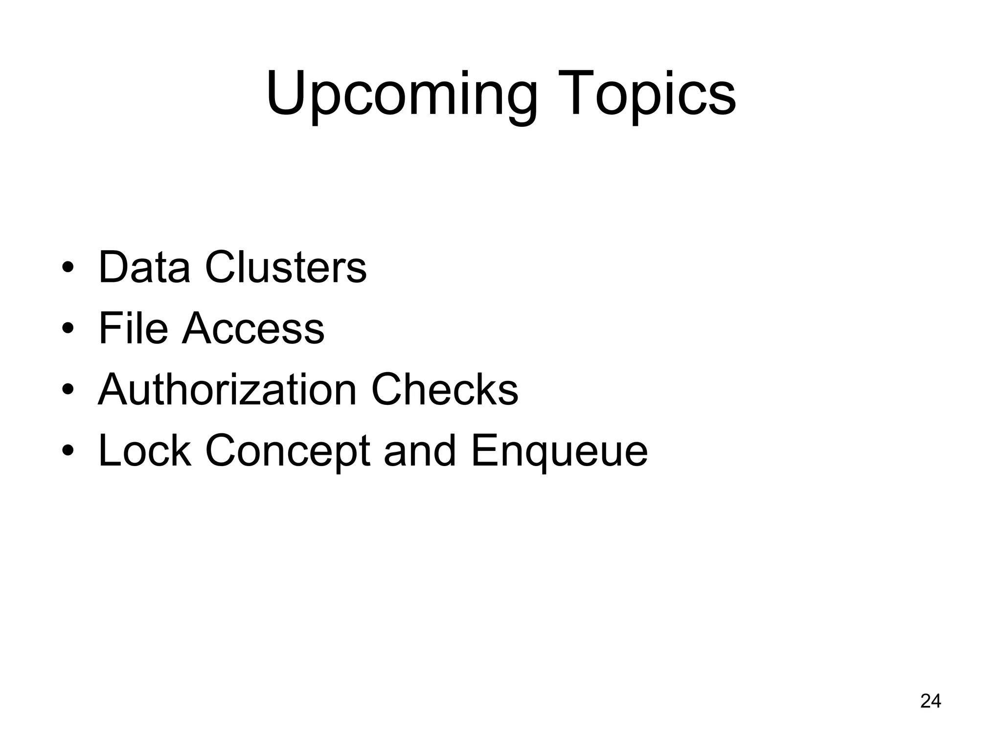 Upcoming Topics Data Clusters File Access Authorization Checks Lock Concept and Enqueue 