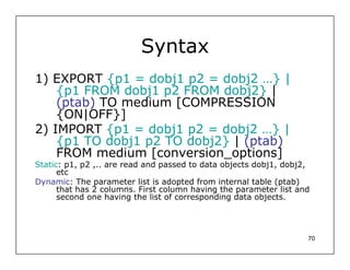 Syntax
1) EXPORT {p1 = dobj1 p2 = dobj2 …} |
    {p1 FROM dobj1 p2 FROM dobj2} |
    (ptab) TO medium [COMPRESSION
    {ON|OFF}]
2) IMPORT {p1 = dobj1 p2 = dobj2 …} |
    {p1 TO dobj1 p2 TO dobj2} | (ptab)
    FROM medium [conversion_options]
Static: p1, p2 ,.. are read and passed to data objects dobj1, dobj2,
      etc
Dynamic: The parameter list is adopted from internal table (ptab)
      that has 2 columns. First column having the parameter list and
      second one having the list of corresponding data objects.




                                                                   70
 