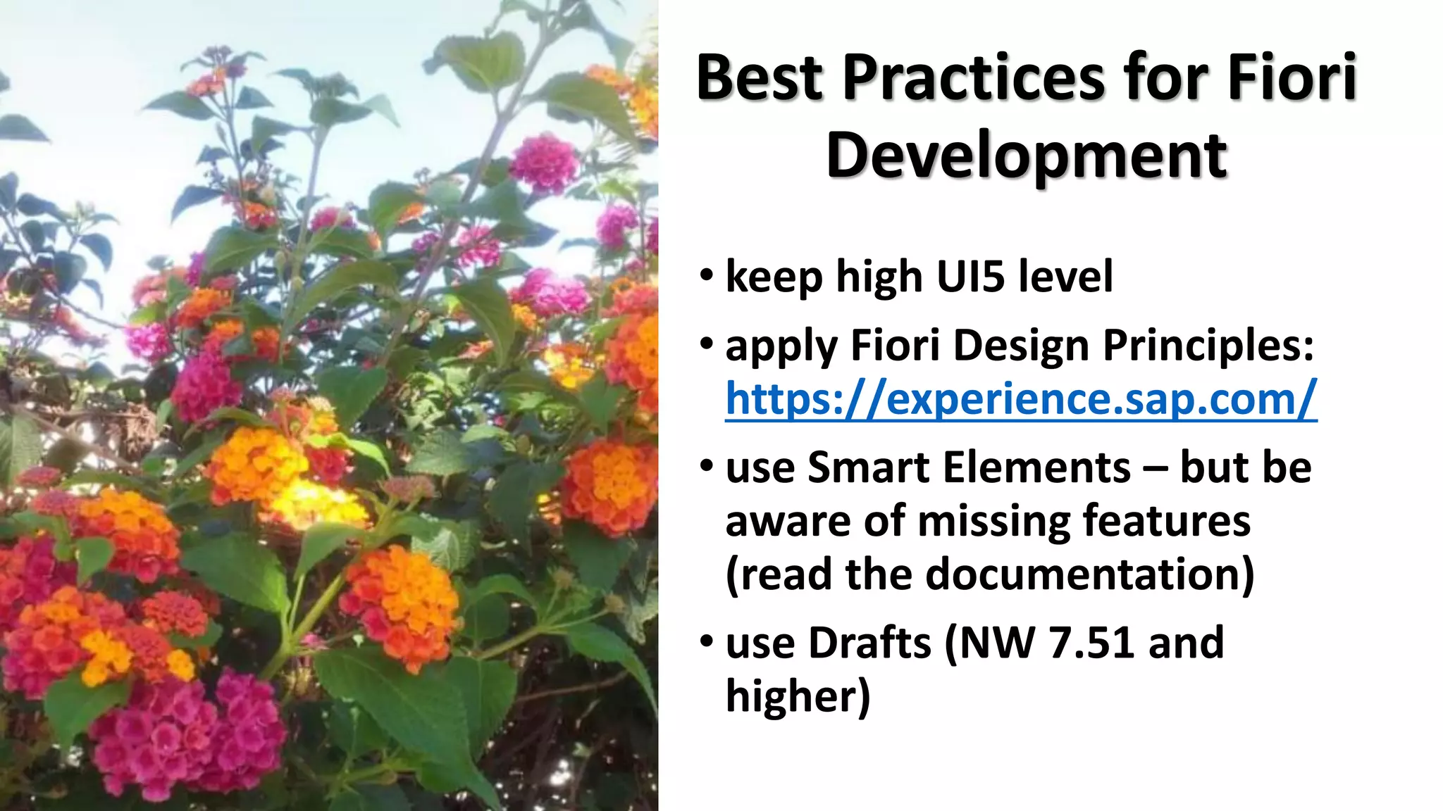 Best Practices for Fiori
Development
• keep high UI5 level
• apply Fiori Design Principles:
https://experience.sap.com/
• use Smart Elements – but be
aware of missing features
(read the documentation)
• use Drafts (NW 7.51 and
higher)
 