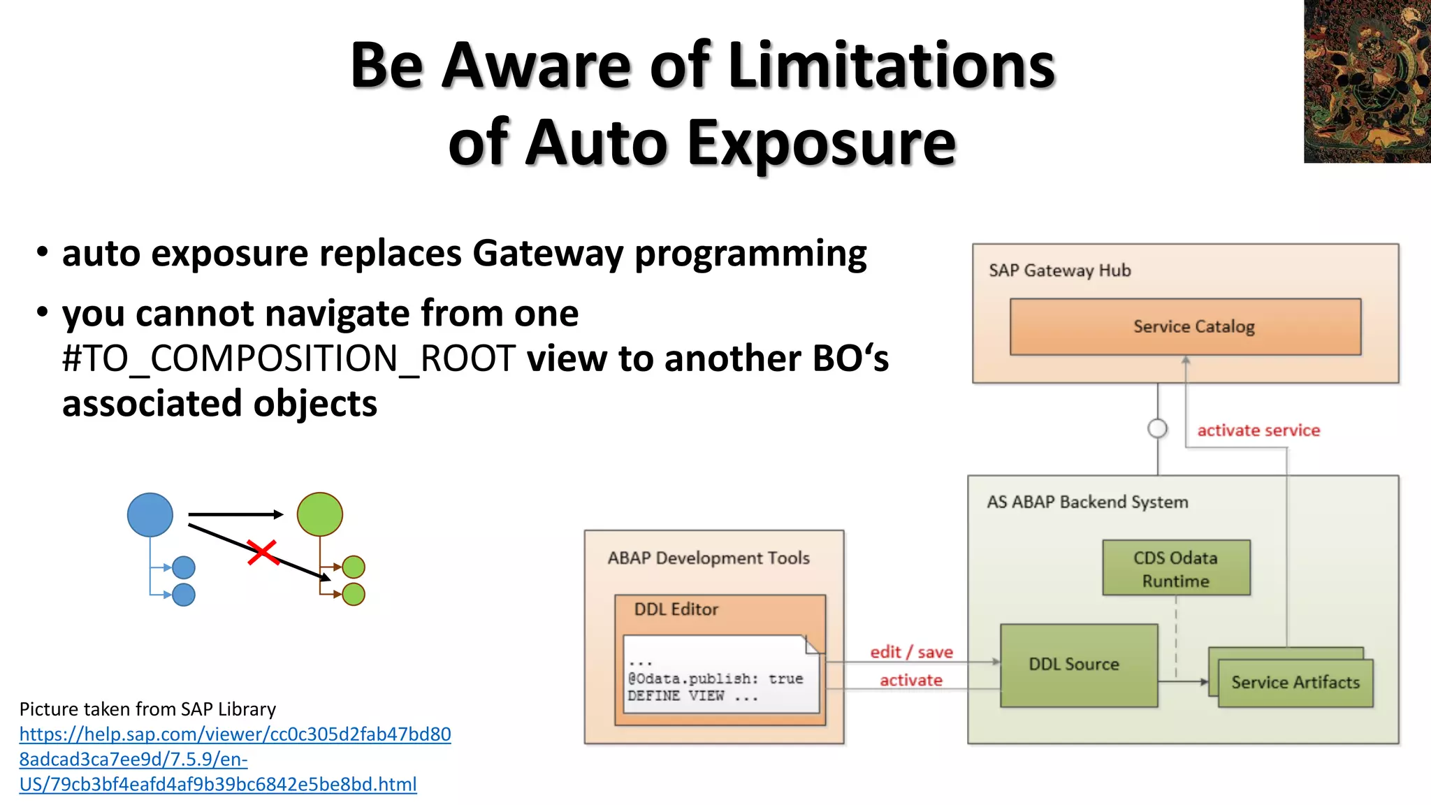 Be Aware of Limitations
of Auto Exposure
• auto exposure replaces Gateway programming
• you cannot navigate from one
#TO_COMPOSITION_ROOT view to another BO‘s
associated objects
Picture taken from SAP Library
https://help.sap.com/viewer/cc0c305d2fab47bd80
8adcad3ca7ee9d/7.5.9/en-
US/79cb3bf4eafd4af9b39bc6842e5be8bd.html
 