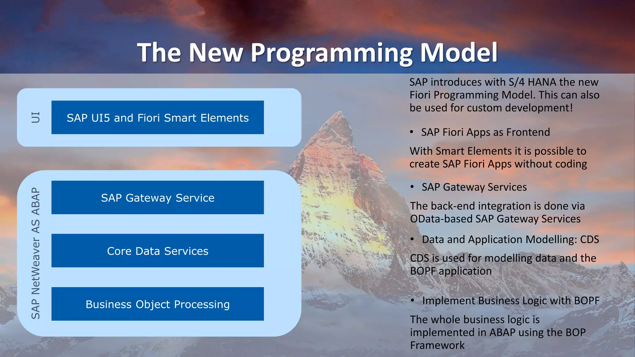 The New Programming Model
SAP UI5 and Fiori Smart Elements
SAPNetWeaverASABAPUI
Core Data Services
SAP Gateway Service
Business Object Processing
With Smart Elements it is possible to
create SAP Fiori Apps without coding
• SAP Fiori Apps as Frontend
• SAP Gateway Services
• Data and Application Modelling: CDS
• Implement Business Logic with BOPF
The back-end integration is done via
OData-based SAP Gateway Services
CDS is used for modelling data and the
BOPF application
The whole business logic is
implemented in ABAP using the BOP
Framework
SAP introduces with S/4 HANA the new
Fiori Programming Model. This can also
be used for custom development!
 
