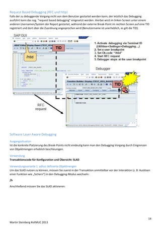 Request Based Debugging (RFC und http)
Falls der zu debuggende Vorgang nicht von dem Benutzer gestartet werden kann, der letztlich das Debugging
ausführt kann das sog. “request based debugging” eingesetzt werden. Hierbei wird im linken Screen unter einem
anderen Usernamen/System der Report gestartet, während der externe Break-Point im rechten Screen auf eine TID
registriert und dort über die Zuordnung angesprochen wird (Benutzername ist unerheblich, es gilt die TID).

Software Layer Aware Debugging
Ausgangssituation
Ist die konkrete Platzierung des Break-Points nicht eindeutig kann man den Debugging-Vorgang durch Eingrenzen
von Objektmengen erheblich beschleunigen.
Verwendung
Transaktionscode für Konfiguration und Übersicht: SLAD
Verwendungsvariante 1: adhoc definierte Objektmengen
Um das SLAD nutzen zu können, müssen Sie zuerst in der Transaktion unmittelbar vor der Interaktion (z. B. Auslösen
einer Funktion wie „Sichern“) in den Debugging-Modus wechseln:
/h
Anschließend müssen Sie das SLAD aktivieren:

14
Martin Steinberg #sitMUC 2013

 