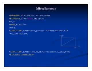 MiscellaneousMiscellaneous
**DAMPINGDAMPING, ALPHA=0.6641, BETA=0.001884, ALPHA=0.6641, BETA=0.001884
**ELEMENTELEMENT, TYPE=, TYPE=MASSMASS, ELSET=M1, ELSET=M1
801 30801 30801, 30801, 30
**MASSMASS, ELSET=M1, ELSET=M1
389571.389571.
**AMPLITUDEAMPLITUDE NAME=linear pushover DEFINITION=TABULARNAME=linear pushover DEFINITION=TABULARAMPLITUDEAMPLITUDE, NAME linear_pushover, DEFINITION TABULAR, NAME linear_pushover, DEFINITION TABULAR
0.00, 0.00, 10.00, 1.00,0.00, 0.00, 10.00, 1.00,
Amp.
1
t
10
**AMPLITUDEAMPLITUDE, NAME=accel_ctrl, INPUT=ElCentro033x_ABAQUS.txt, NAME=accel_ctrl, INPUT=ElCentro033x_ABAQUS.txt
**BASELINE CORRECTIONBASELINE CORRECTION
 