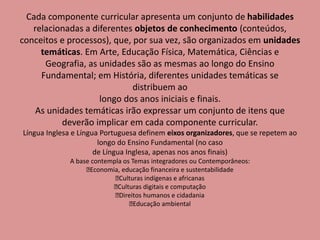 Cada componente curricular apresenta um conjunto de habilidades
relacionadas a diferentes objetos de conhecimento (conteúdos,
conceitos e processos), que, por sua vez, são organizados em unidades
temáticas. Em Arte, Educação Física, Matemática, Ciências e
Geografia, as unidades são as mesmas ao longo do Ensino
Fundamental; em História, diferentes unidades temáticas se
distribuem ao
longo dos anos iniciais e finais.
As unidades temáticas irão expressar um conjunto de itens que
deverão implicar em cada componente curricular.
Língua Inglesa e Língua Portuguesa definem eixos organizadores, que se repetem ao
longo do Ensino Fundamental (no caso
de Língua Inglesa, apenas nos anos finais)
A base contempla os Temas integradores ou Contemporâneos:
Economia, educação financeira e sustentabilidade
Culturas indígenas e africanas
Culturas digitais e computação
Direitos humanos e cidadania
Educação ambiental
 