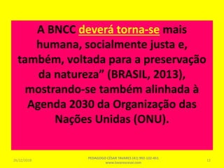 A BNCC deverá torna-se mais
humana, socialmente justa e,
também, voltada para a preservação
da natureza” (BRASIL, 2013),
mostrando-se também alinhada à
Agenda 2030 da Organização das
Nações Unidas (ONU).
26/12/2018
PEDAGOGO CÉSAR TAVARES (41) 992-122-451
www.tavarescesar.com
12
 