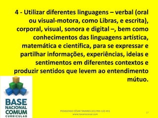 4 - Utilizar diferentes linguagens – verbal (oral
ou visual-motora, como Libras, e escrita),
corporal, visual, sonora e digital –, bem como
conhecimentos das linguagens artística,
matemática e científica, para se expressar e
partilhar informações, experiências, ideias e
sentimentos em diferentes contextos e
produzir sentidos que levem ao entendimento
mútuo.
PEDAGOGO CÉSAR TAVARES (41) 992-122-451
www.tavarescesar.com
17
 