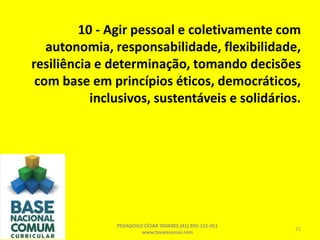 10 - Agir pessoal e coletivamente com
autonomia, responsabilidade, flexibilidade,
resiliência e determinação, tomando decisões
com base em princípios éticos, democráticos,
inclusivos, sustentáveis e solidários.
PEDAGOGO CÉSAR TAVARES (41) 992-122-451
www.tavarescesar.com
23
 