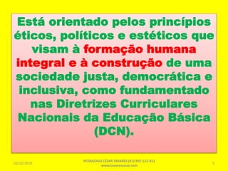 Está orientado pelos princípios
éticos, políticos e estéticos que
visam à formação humana
integral e à construção de uma
sociedade justa, democrática e
inclusiva, como fundamentado
nas Diretrizes Curriculares
Nacionais da Educação Básica
(DCN).
26/12/2018
PEDAGOGO CÉSAR TAVARES (41) 992-122-451
www.tavarescesar.com
5
 