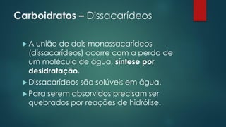 Carboidratos – Dissacarídeos
 A união de dois monossacarídeos
(dissacarídeos) ocorre com a perda de
um molécula de água, síntese por
desidratação.
 Dissacarídeos são solúveis em água.
 Para serem absorvidos precisam ser
quebrados por reações de hidrólise.
 
