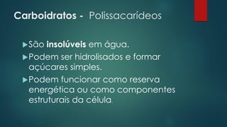 Carboidratos - Polissacarídeos
São insolúveis em água.
Podem ser hidrolisados e formar
açúcares simples.
Podem funcionar como reserva
energética ou como componentes
estruturais da célula.
 