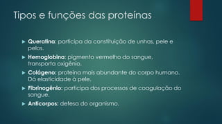 Tipos e funções das proteínas
 Queratina: participa da constituição de unhas, pele e
pelos.
 Hemoglobina: pigmento vermelho do sangue,
transporta oxigênio.
 Colágeno: proteína mais abundante do corpo humano.
Dá elasticidade à pele.
 Fibrinogênio: participa dos processos de coagulação do
sangue.
 Anticorpos: defesa do organismo.
 