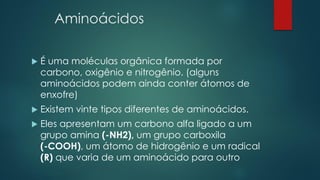 Aminoácidos
 É uma moléculas orgânica formada por
carbono, oxigênio e nitrogênio. (alguns
aminoácidos podem ainda conter átomos de
enxofre)
 Existem vinte tipos diferentes de aminoácidos.
 Eles apresentam um carbono alfa ligado a um
grupo amina (-NH2), um grupo carboxila
(-COOH), um átomo de hidrogênio e um radical
(R) que varia de um aminoácido para outro
 