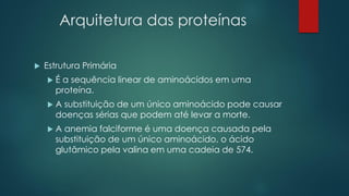 Arquitetura das proteínas
 Estrutura Primária
 É a sequência linear de aminoácidos em uma
proteína.
 A substituição de um único aminoácido pode causar
doenças sérias que podem até levar a morte.
 A anemia falciforme é uma doença causada pela
substituição de um único aminoácido, o ácido
glutâmico pela valina em uma cadeia de 574.
 