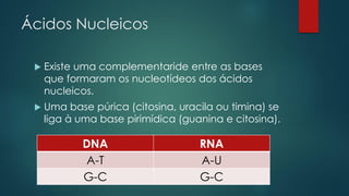 Ácidos Nucleicos
 Existe uma complementaride entre as bases
que formaram os nucleotídeos dos ácidos
nucleicos.
 Uma base púrica (citosina, uracila ou timina) se
liga à uma base pirimídica (guanina e citosina).
DNA RNA
A-T A-U
G-C G-C
 