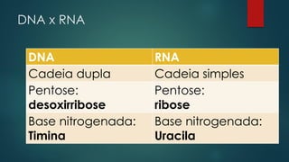 DNA x RNA
DNA RNA
Cadeia dupla Cadeia simples
Pentose:
desoxirribose
Pentose:
ribose
Base nitrogenada:
Timina
Base nitrogenada:
Uracila
 